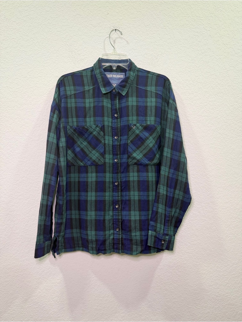 True Religion Blue & Green Plaid Long-Sleeve Button-Down Shirt - L